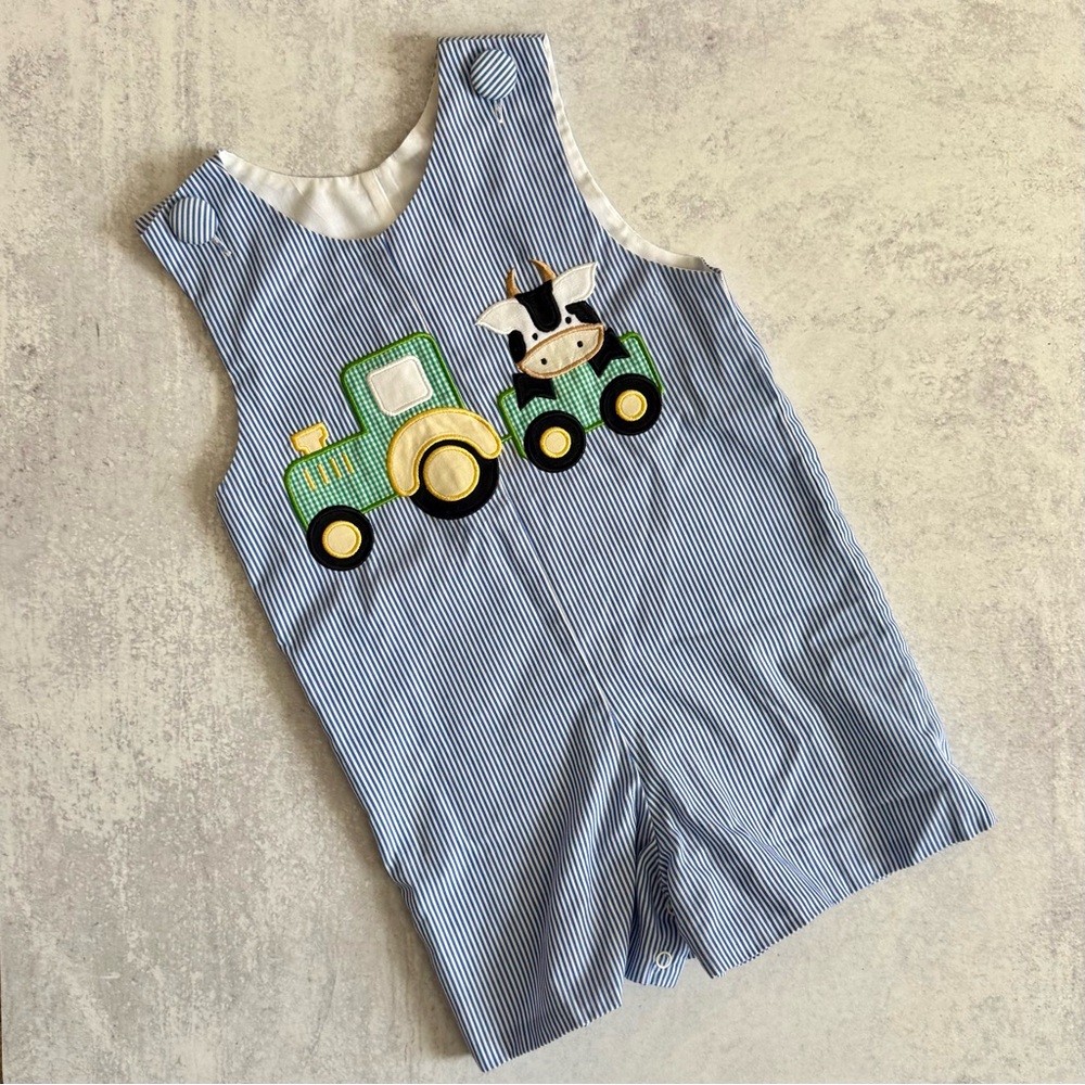 Striped Blue Kids One Piece with Tractor Design